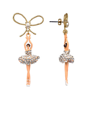 LUXURY PAS DE DEUX CRYSTAL RHINESTONE BALLERINA AND PEARL STUD EARRINGS
