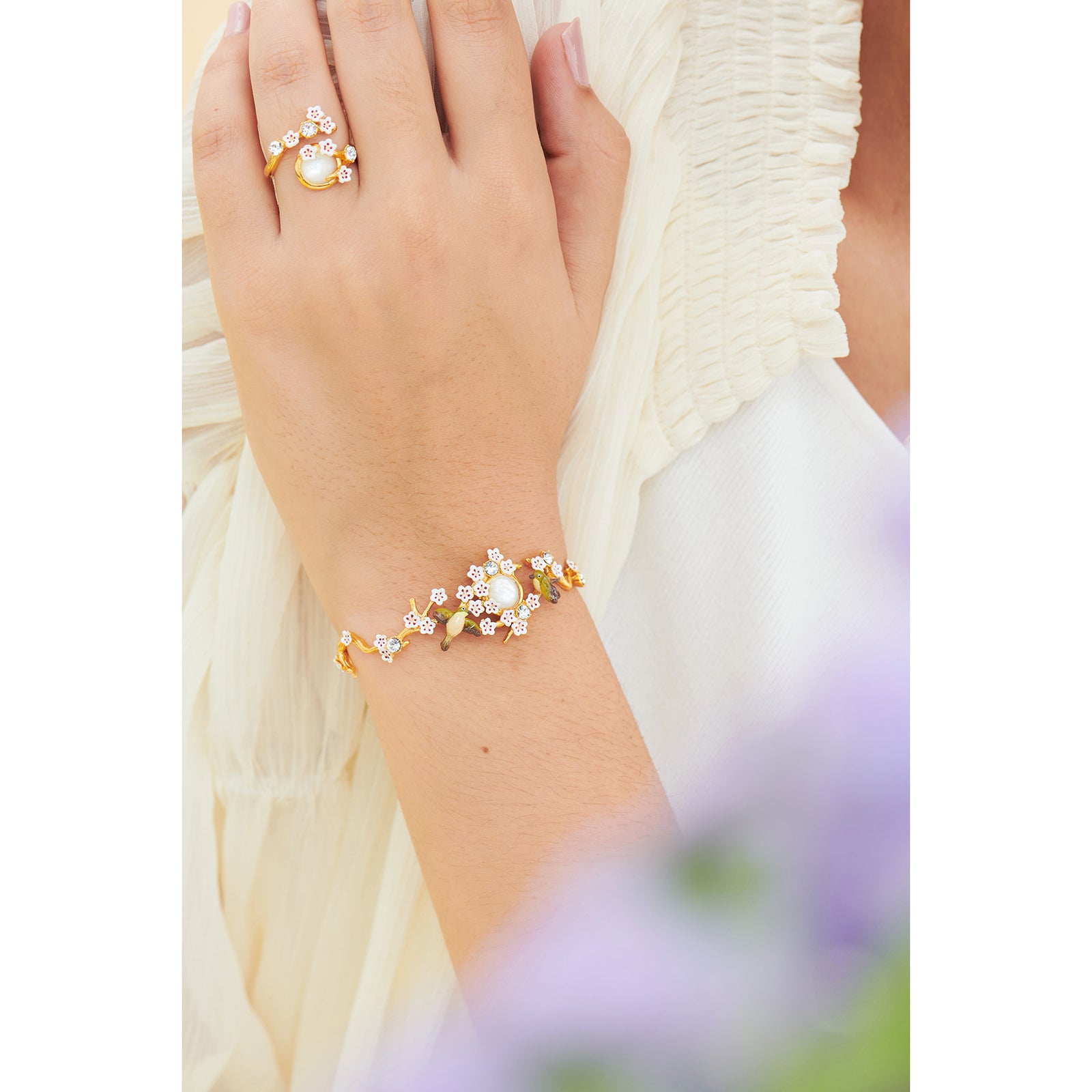 Japanese Zosterops Cherry Blossom and Branches Bangle Bracelet - White