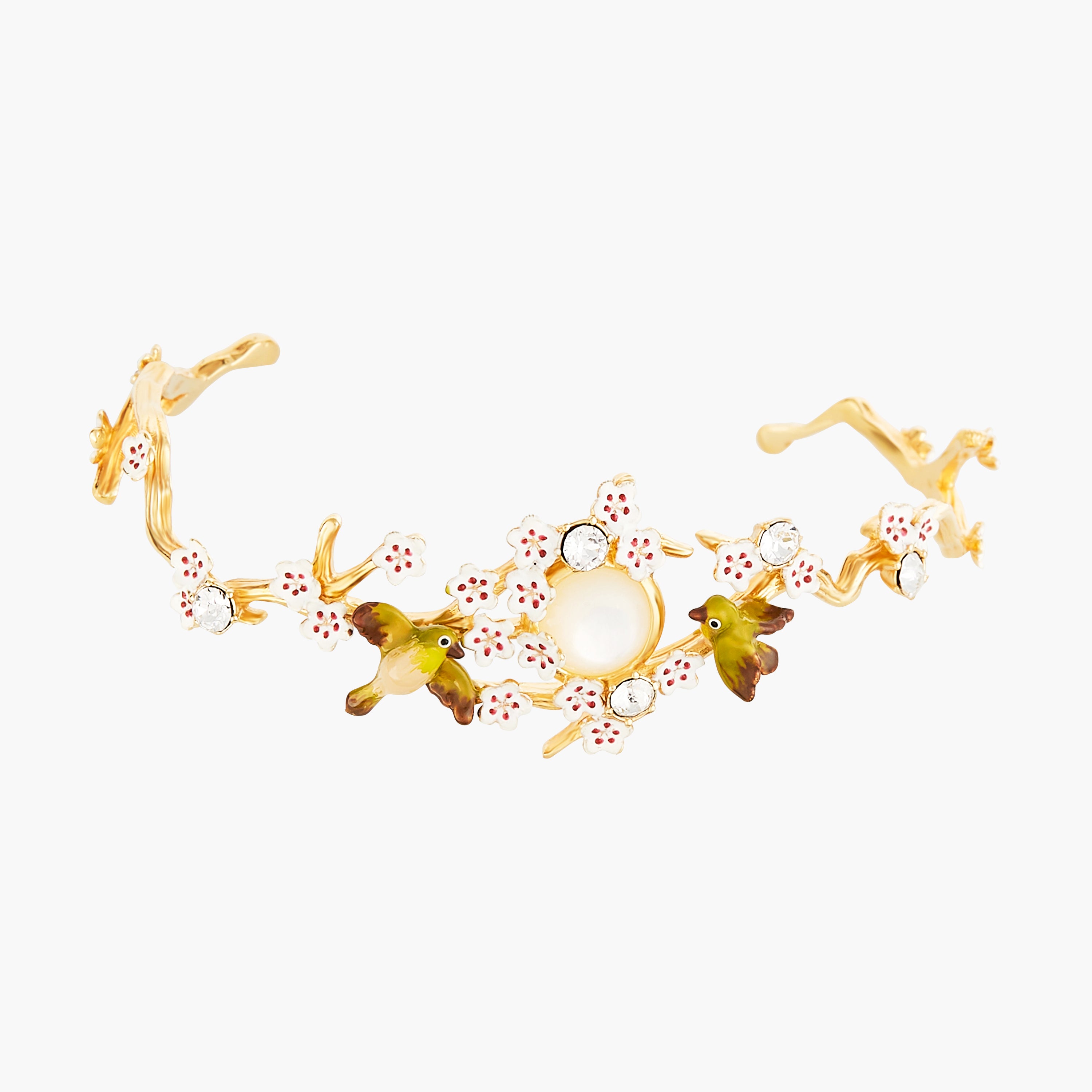 Japanese Zosterops Cherry Blossom and Branches Bangle Bracelet - White