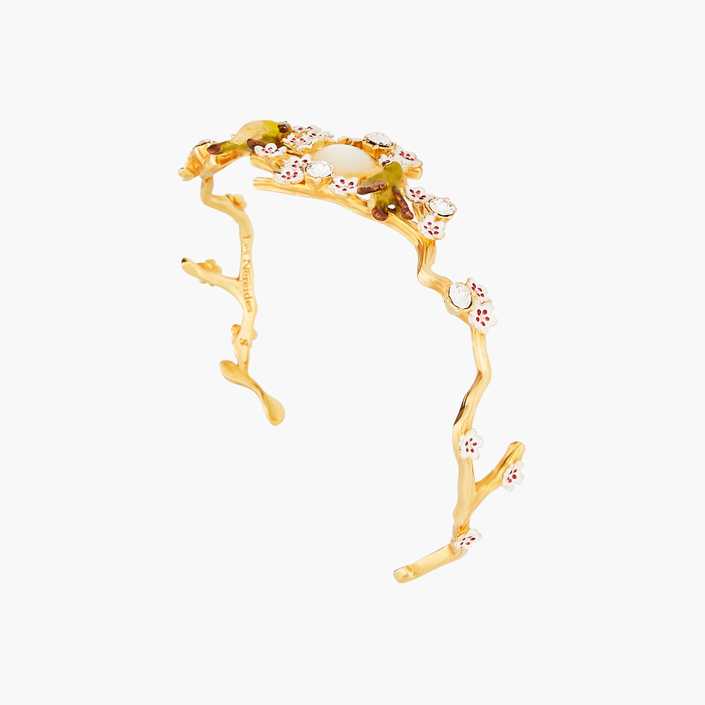 Japanese Zosterops Cherry Blossom and Branches Bangle Bracelet - White