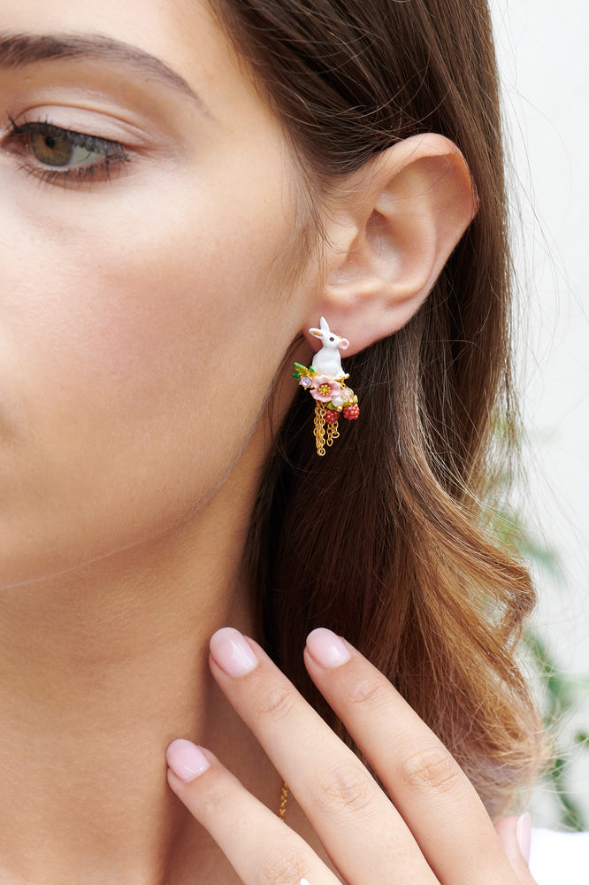 
            
                Load image into Gallery viewer, ENCHANTED ENCOUNTER Rabbit and Chain Asymmetrical Post Earrings
            
        