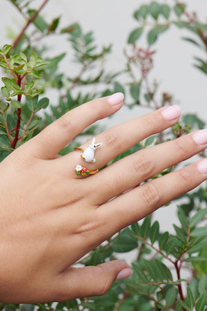 Enchanted Encounter Bunny and White Flower Adjustable Ring