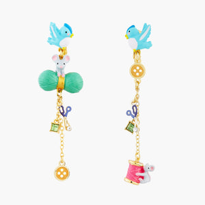 Midnight Permission Bird, Mouse, Wool, Scissors, Button, Spool of Thread and faceted glass clip-on earrings