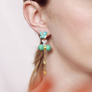 Midnight Permission Bird, Mouse, Wool, Scissors, Button, Spool of Thread and faceted glass clip-on earrings