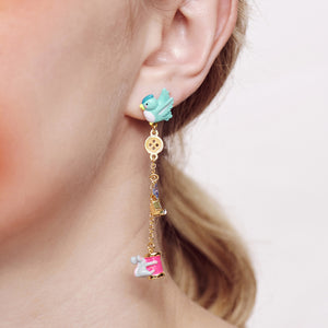 Midnight Permission Bird, Mouse, Wool, Scissors, Button, Spool of Thread and faceted glass clip-on earrings