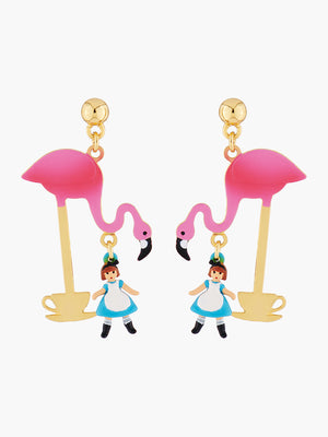 Alice's Dream Alice and Pink Flamingo Tea Time Stud Earrings