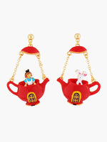 Alice's Dream Alice and White Rabbit in a Teapot Asymmetrical Stud Earrings