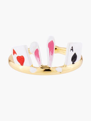 Alice's Dream White Rabit and Aces of Spades and Hearts Adjustable Ring